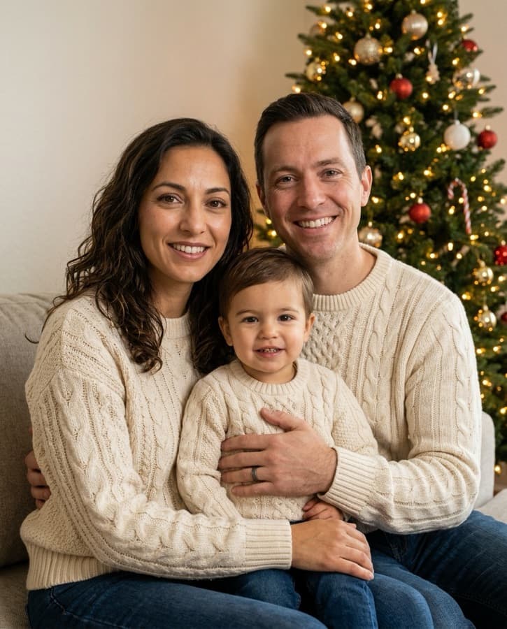 Family Christmas photo sample by the tree